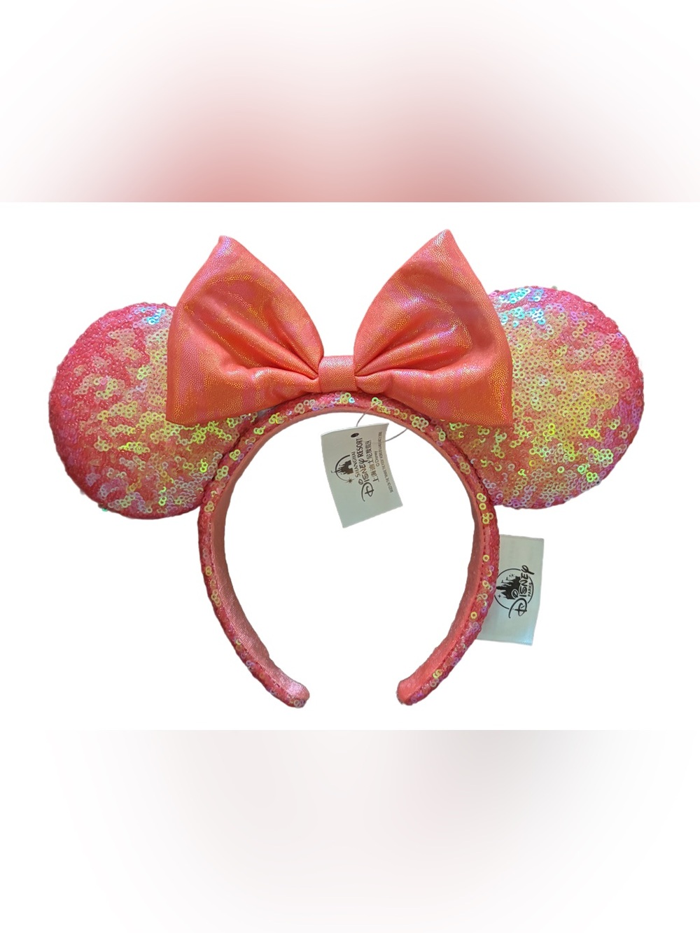 Disney Hot Coral/Pink Iridescent Sequin Minnie Ears Headband
